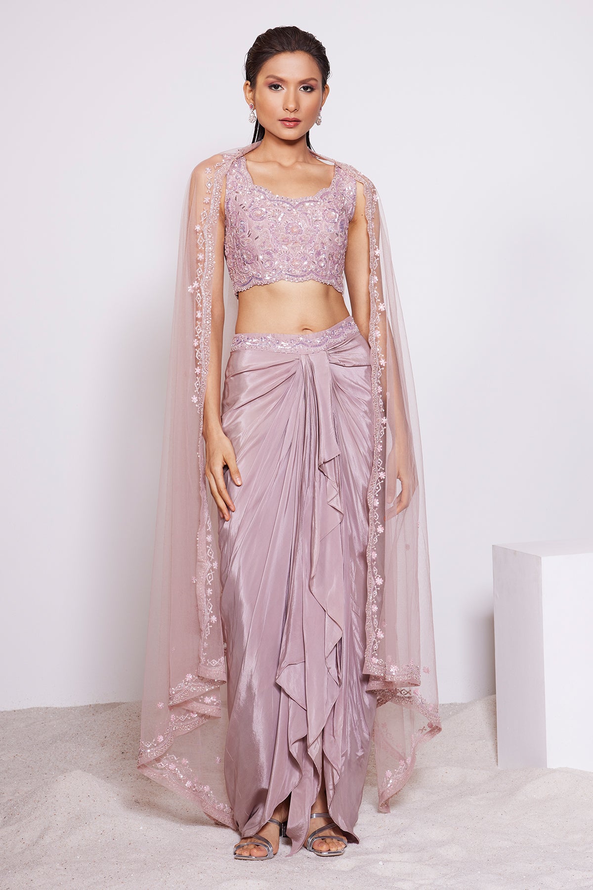 Panihari-Light Dusty Mauve Draped Skirt With Hand Embroidered Blouse and Dupatta