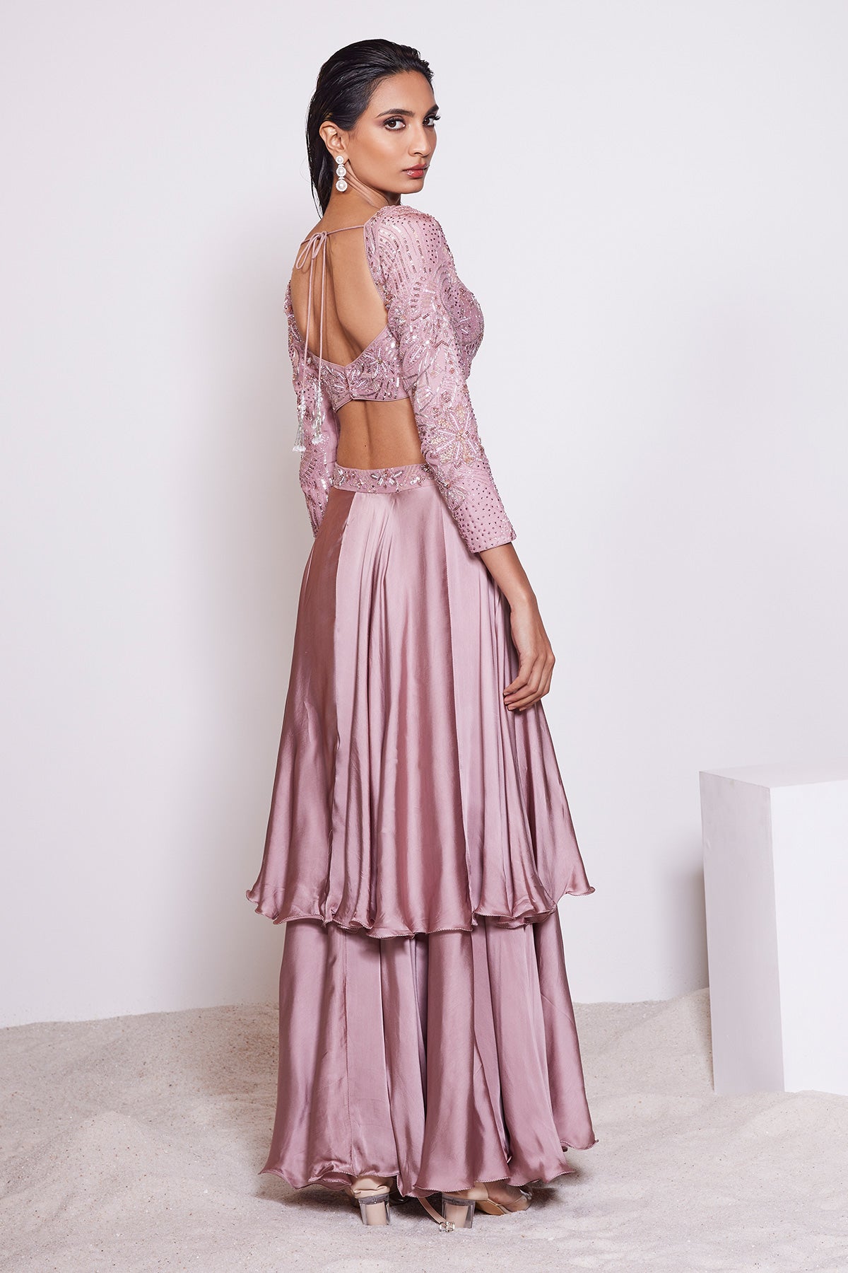 Panihari-Light Pink Mauve Two Tiered Skirt in Satin Crepe With-Embroidered Blouse