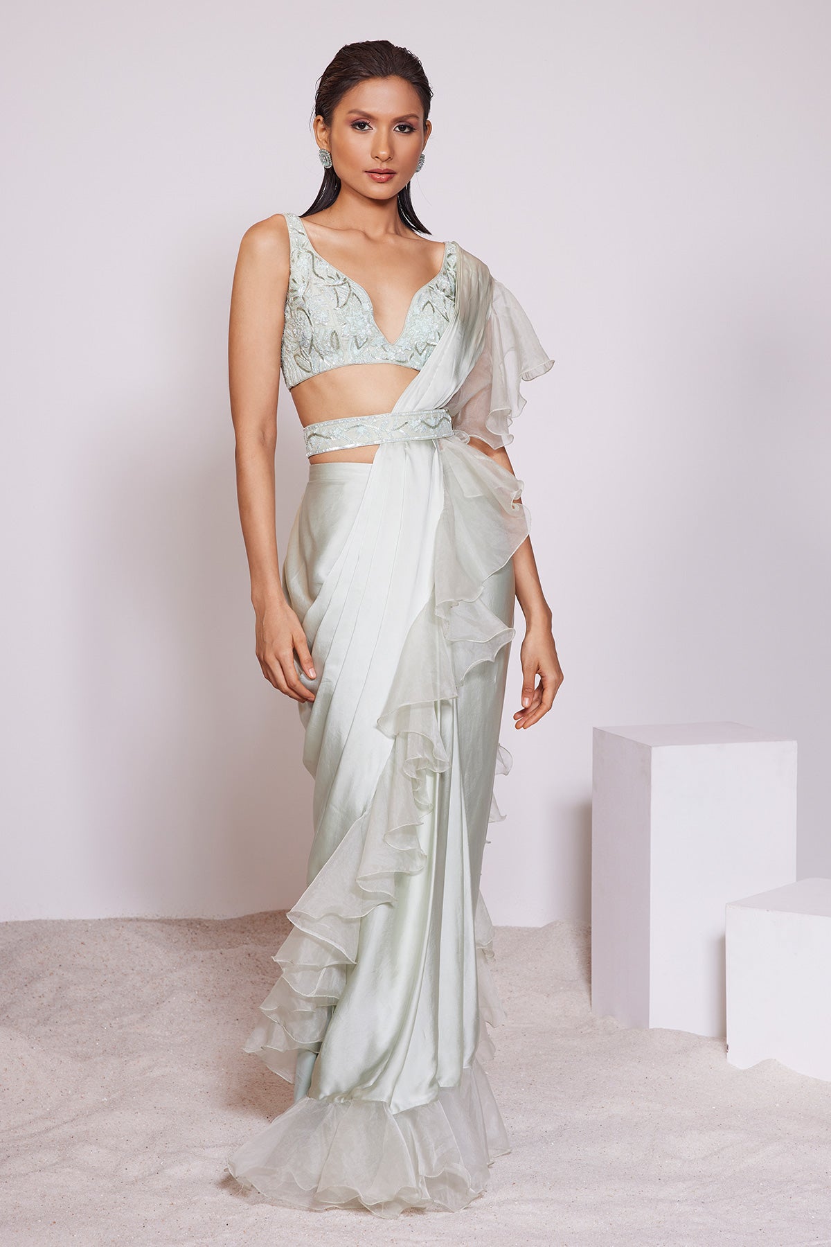 Panihari-Light Pista Pre-Draped Ruffle Saree With Embroidered Blouse and Belt