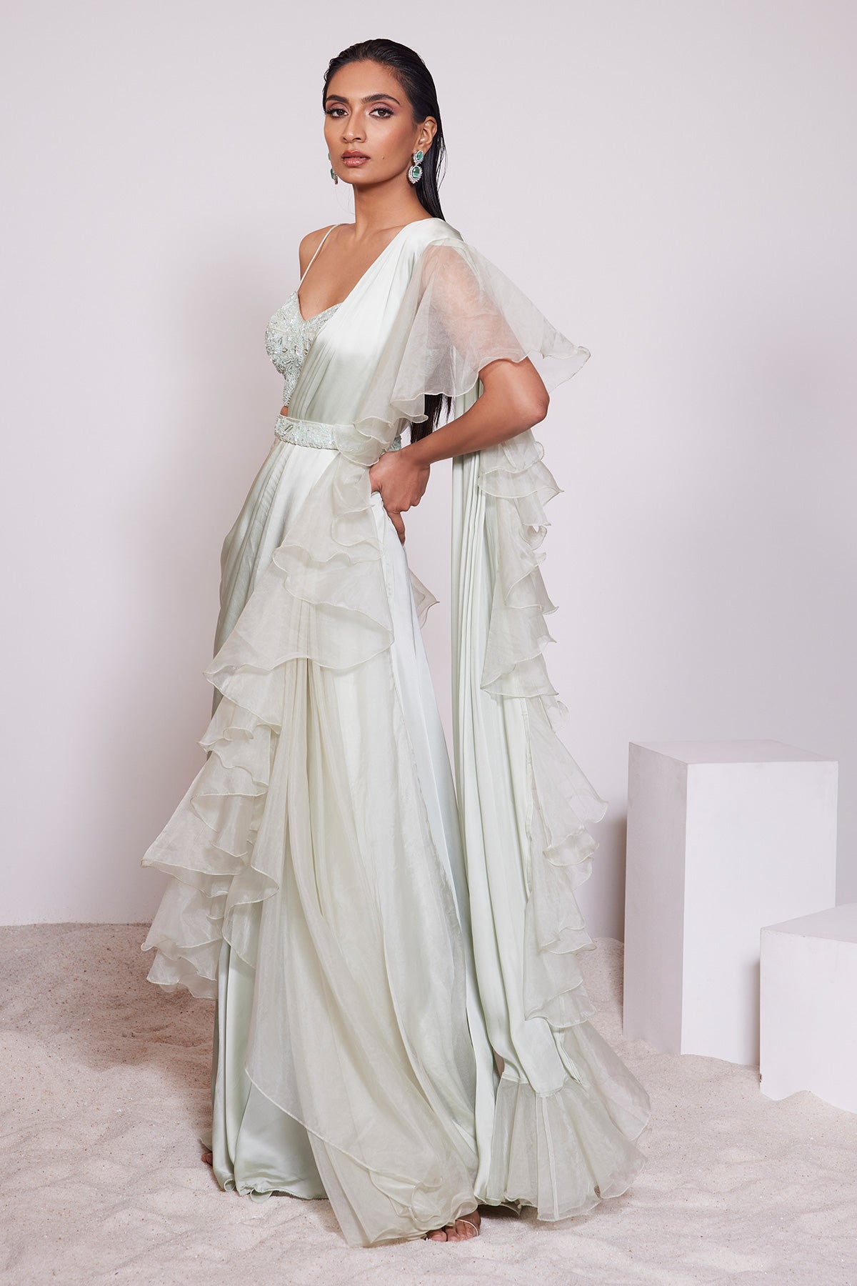 Panihari-Light Pista Pre draped Ruffle Saree With Embroidered Blouse and Belt