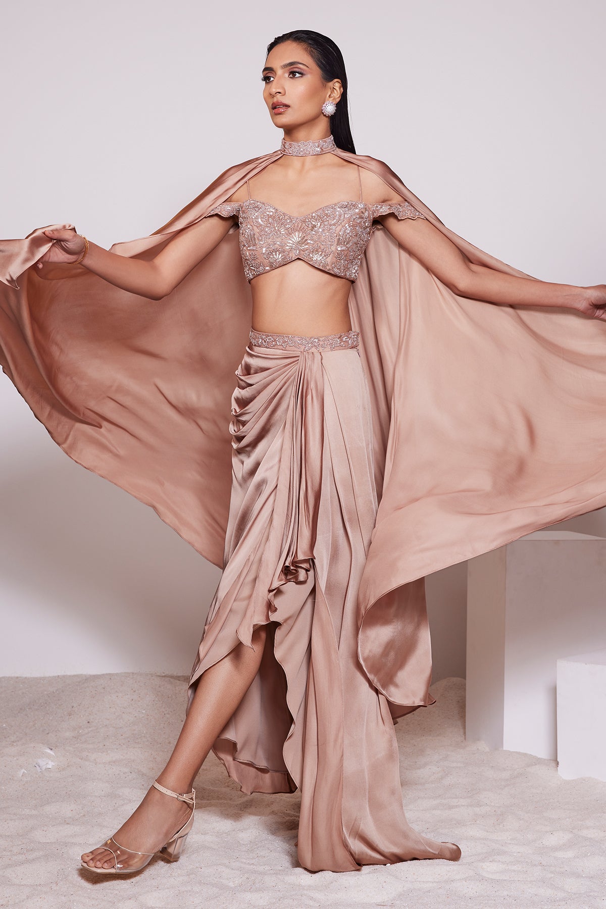 Panihari-Mocha Mousse Brown Draped Skirt in Hand Embroidered Blouse and Choker Dupatta