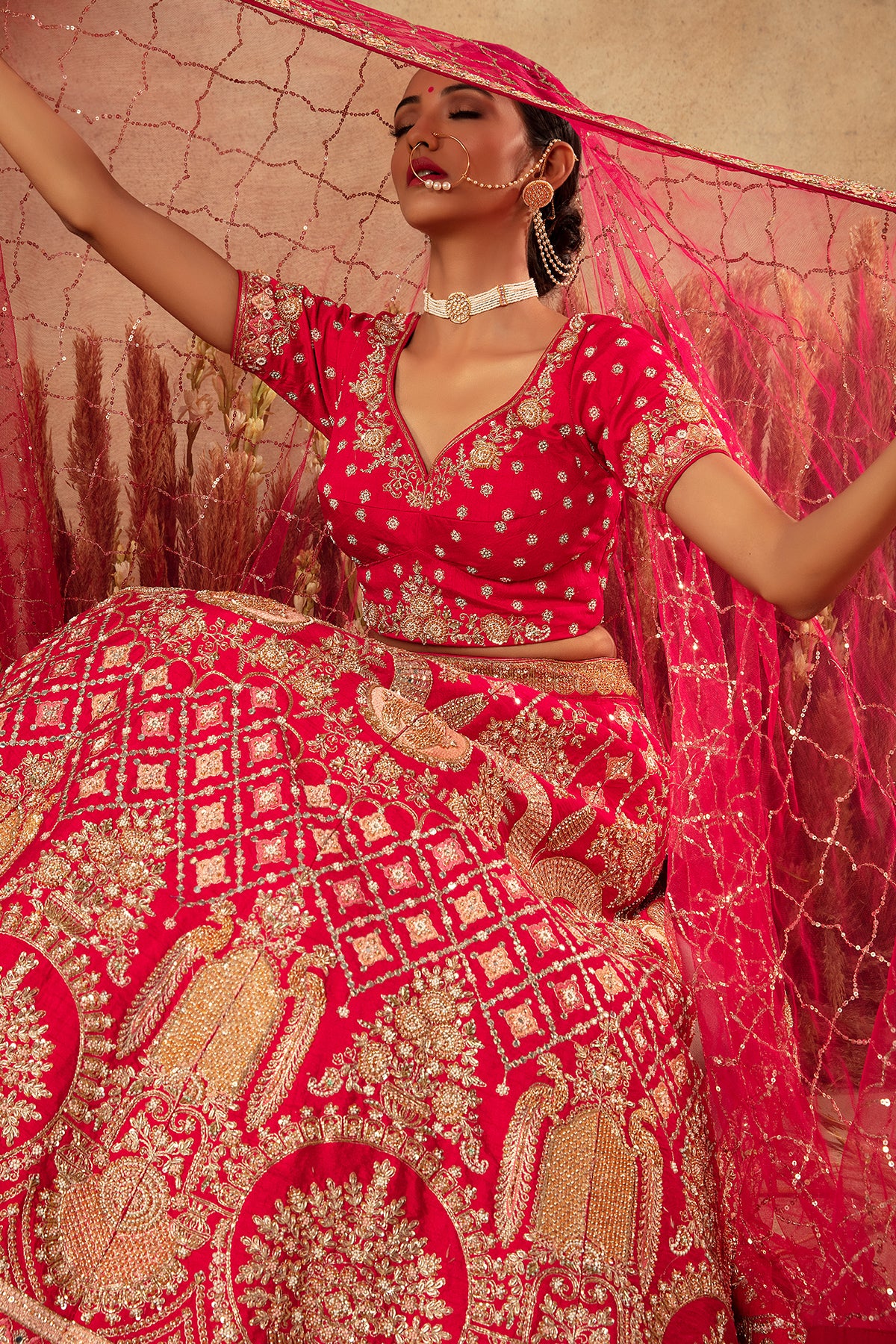 Panihari-Pink Bridal Lehenga in Raw Silk With Hand Embroidery