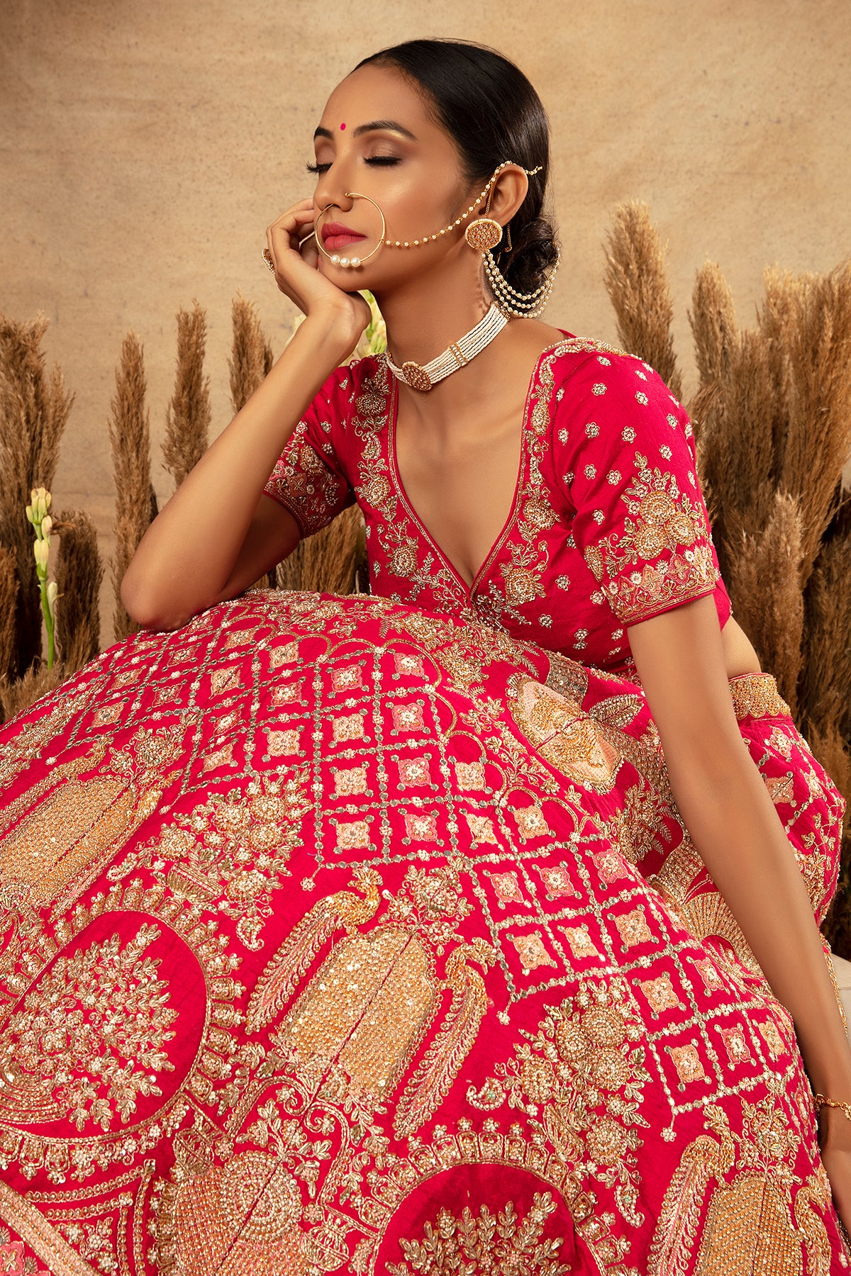 Panihari-Pink Bridal Lehenga in-Raw Silk With Hand Embroidery
