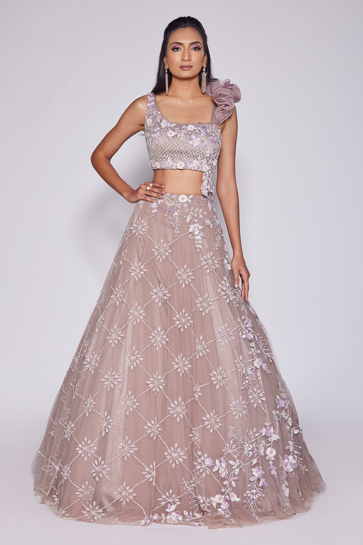 Panihari-Rosy Brown Embroidered Lehenga With Blouse and One Side Ruffle Sleeve