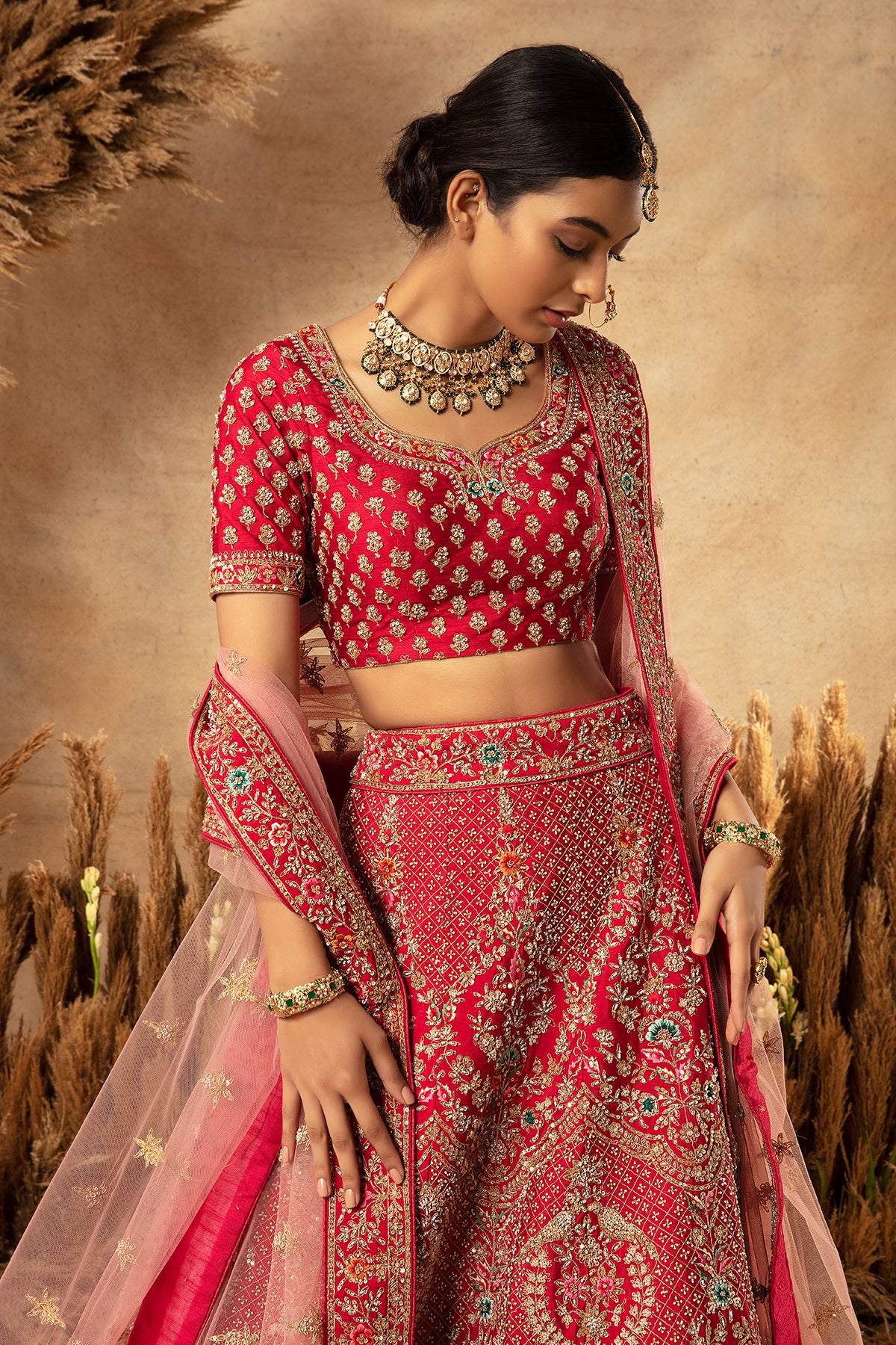 Panihari-Scarlet-Red Hand Embroidered Bridal Lehenga in Raw Silk