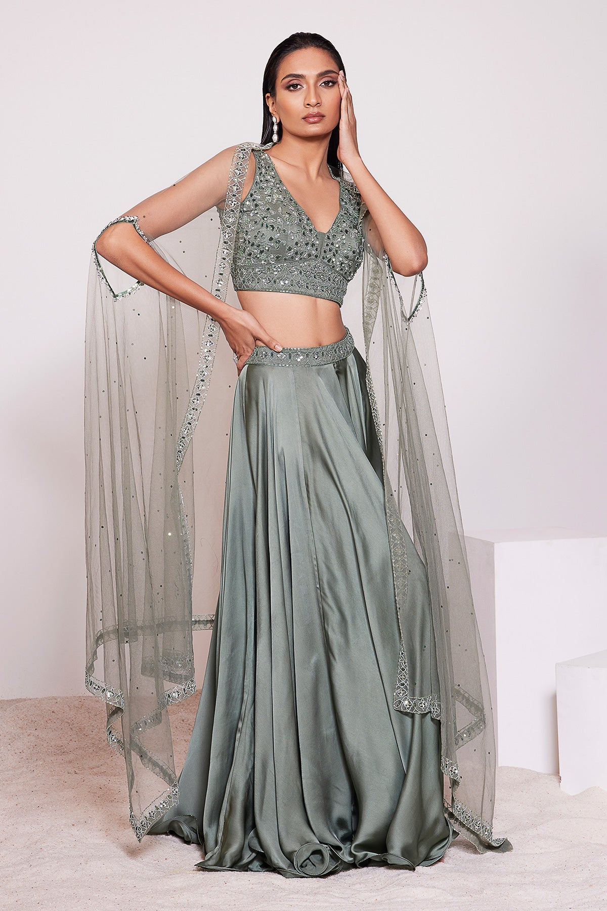 Panihari- Camping Green Skirt With Embroidered Blouse and a Cape