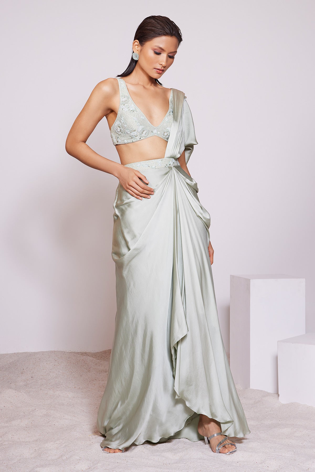 Panihari - Light Pista Tone Pre-draped Saree Along With a Round V-neck Plunging Embroidered Blouse