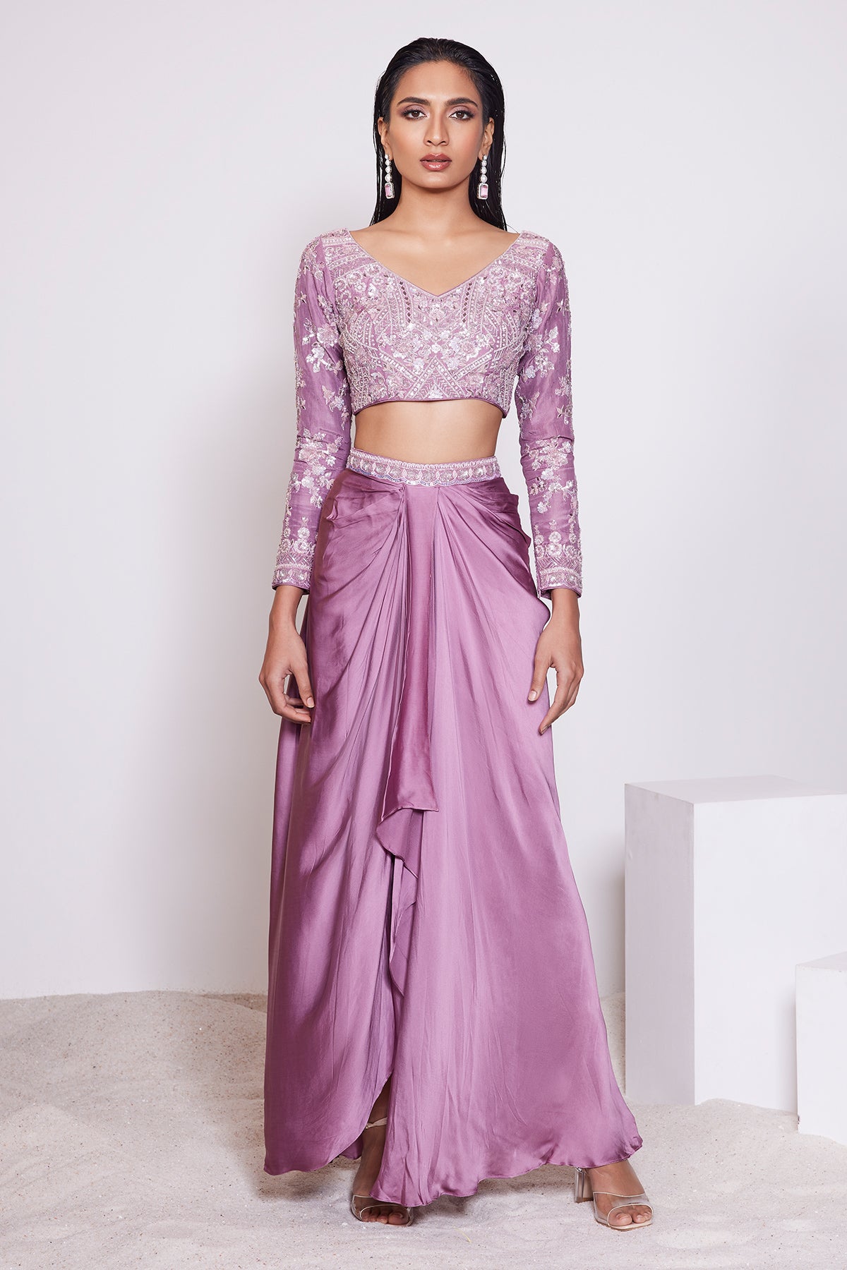 Panihari Dark Mauve Embroidered Draped Skirt and Full Sleeve V-neck Blouse in Satin Crepe