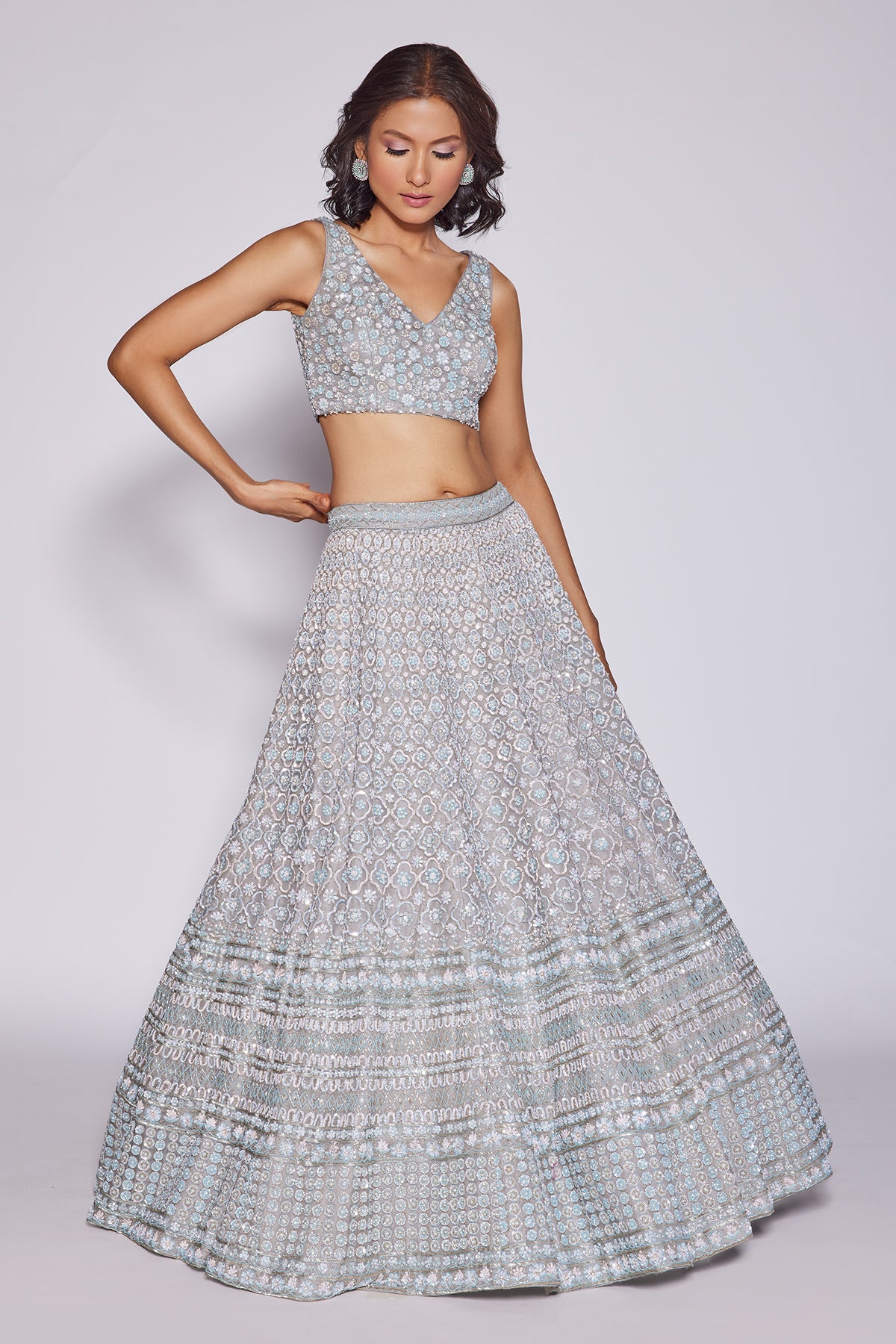 Panihari Light Grey Hand Embroidered Lehenga Set in Organza