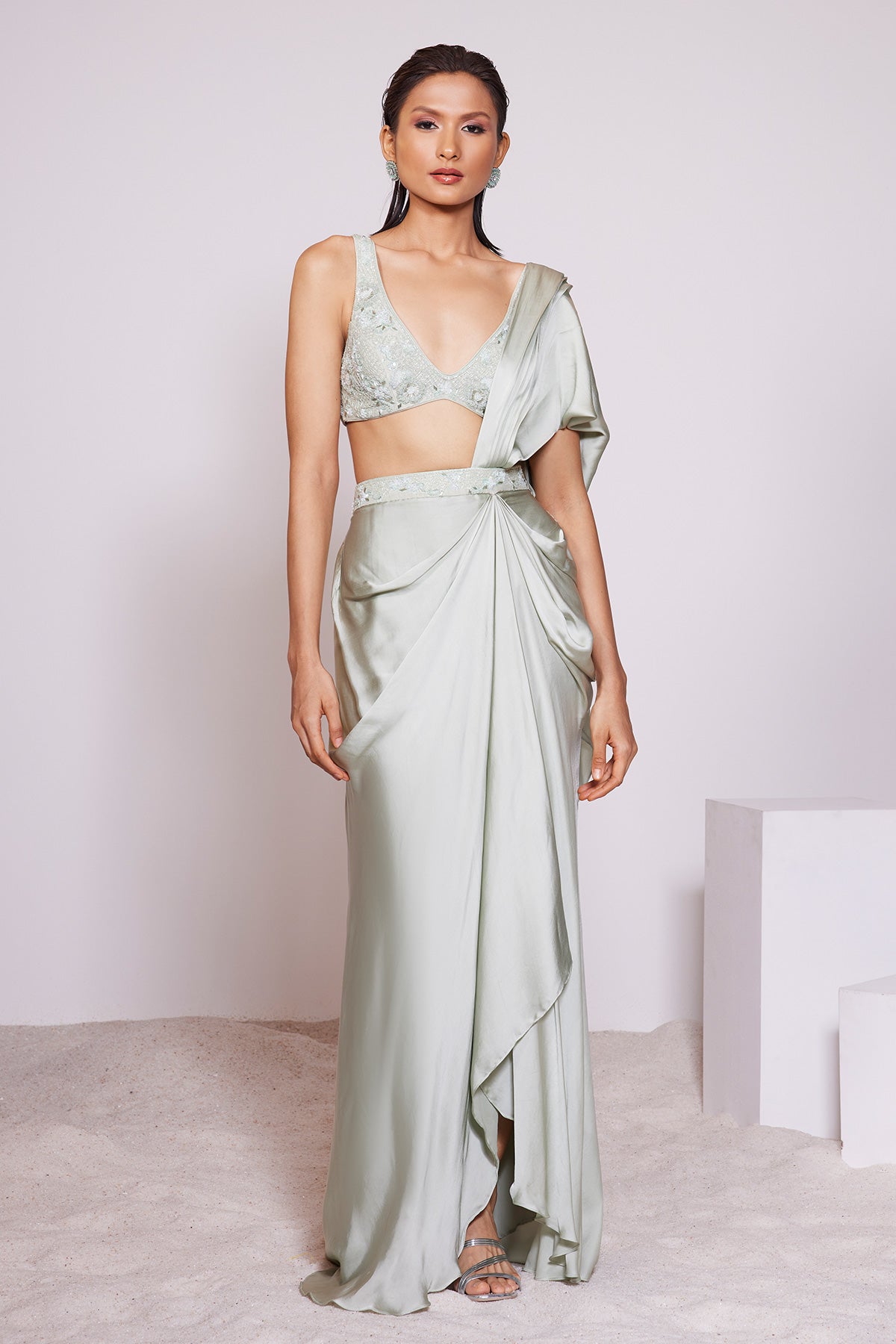 Panihari Light Pista Tone Pre-draped Saree Along With a Round V-neck Plunging Embroidered Blouse