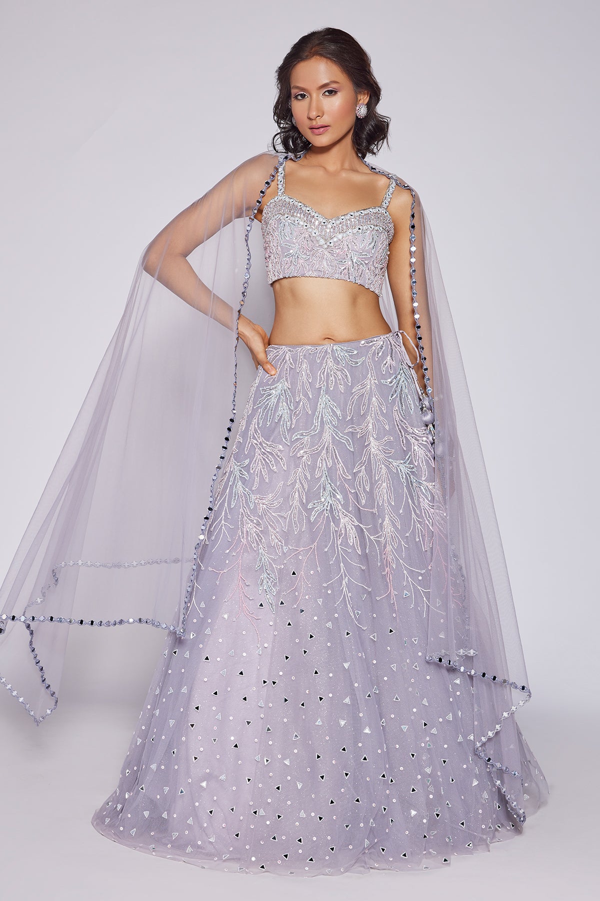 Panihari Misty Lilac Embroidered Lehenga Set in Net