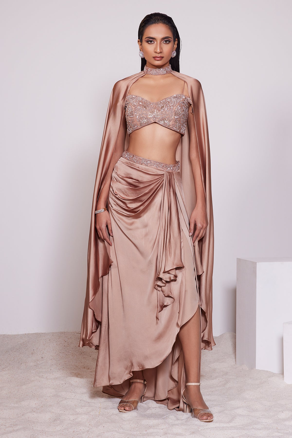 Panihari Mocha Mousse Brown Draped Skirt in Hand Embroidered Blouse and Choker Dupatta