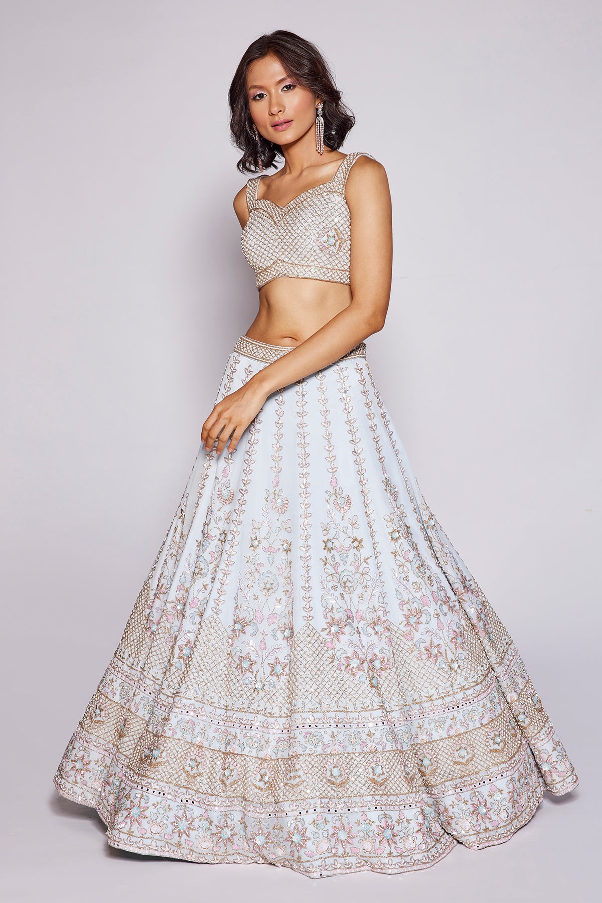 Panihari Sky Blue Embroidered Lehenga Set in Organza
