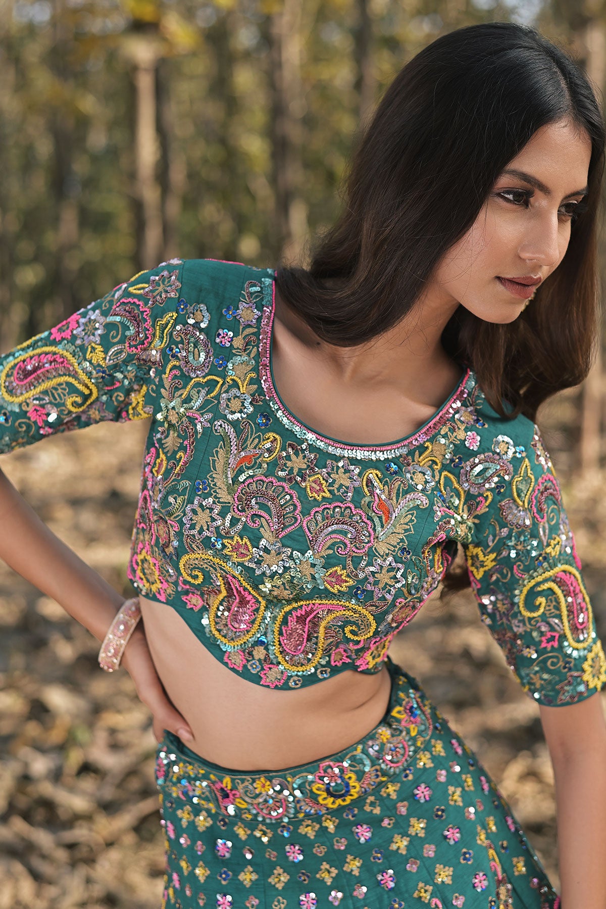 SERA VII- teal blue lehenga set in raw silk