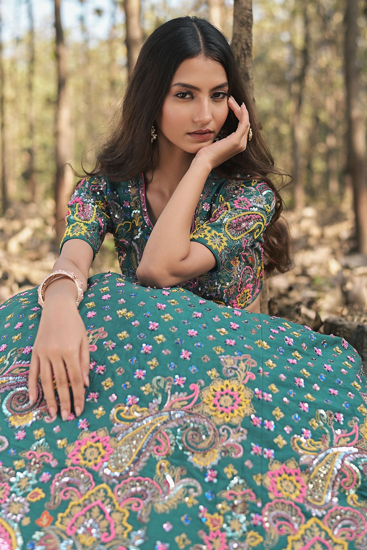 SERA VII- teal blue lehenga set in raw silk