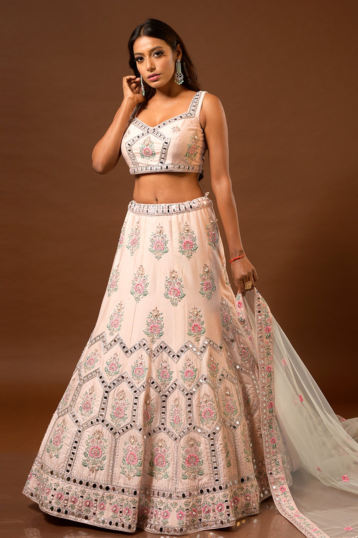 paniahri Baby Pink Lehenga Set in Raw Silk With Mirror and Thread Work
