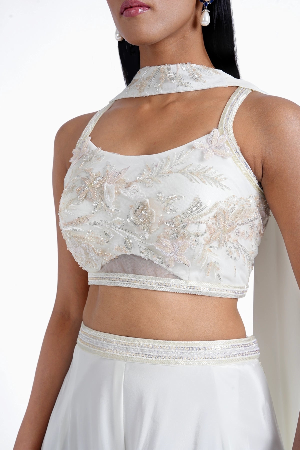 Ivory spaghetti top with palazzo and choker dupatta in crepe