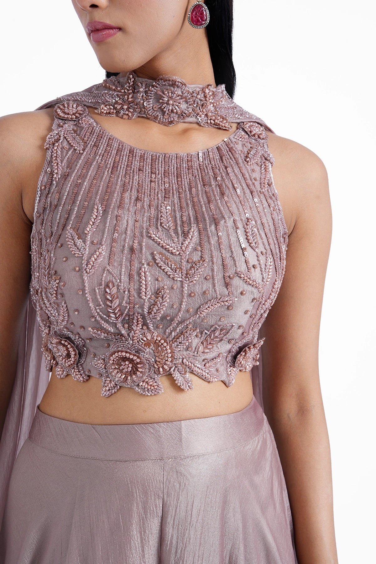 Dusty copper top and palazzo with choker dupatta set in shiny organza