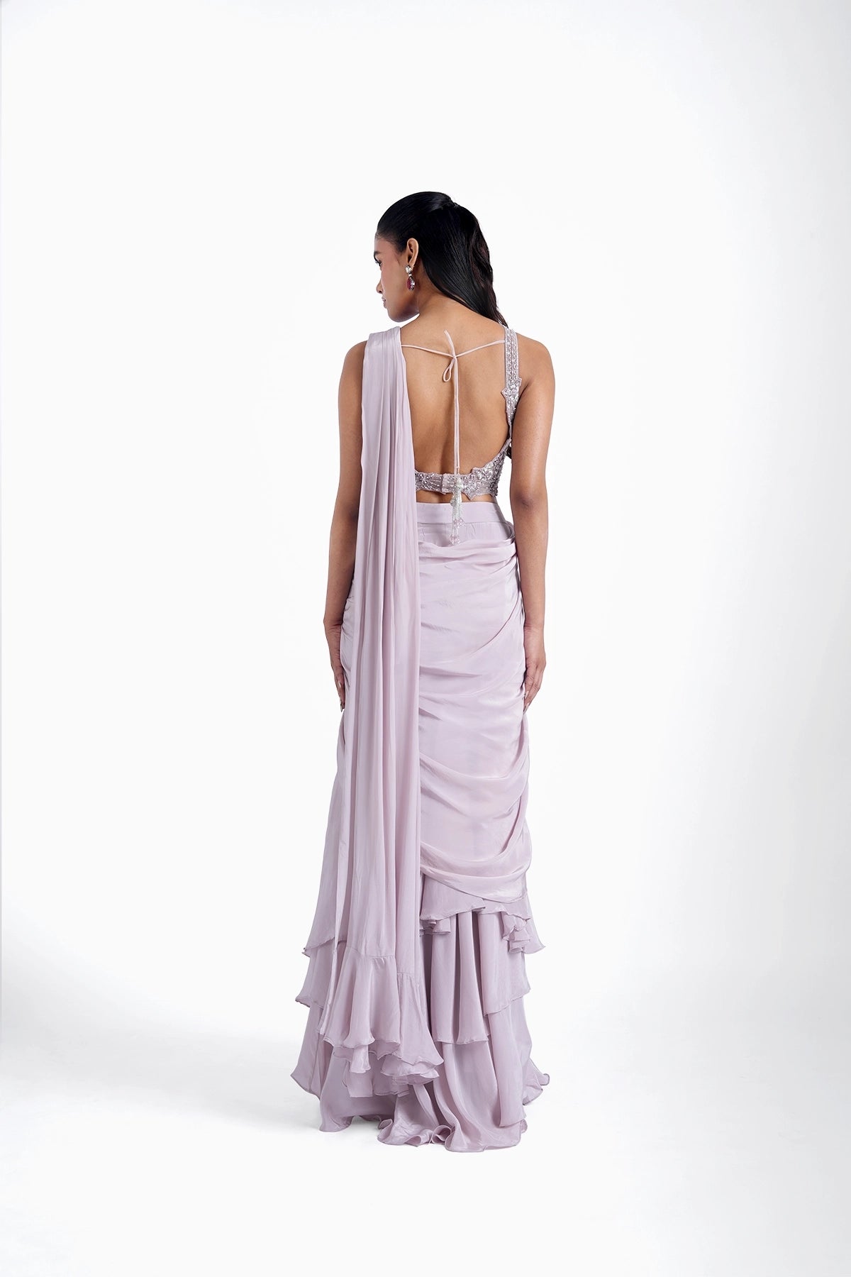 Light lilac 3-tiered fishcut pre-draped saree with spaghetti blouse set