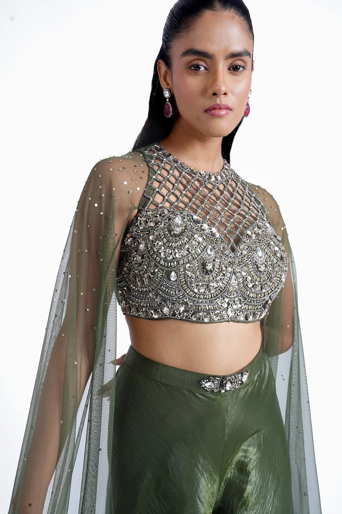 Mehendi green halter neck top with cape sleeves and palazzo set