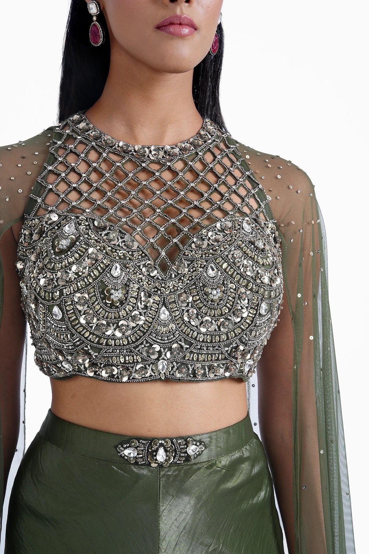 Mehendi green halter neck top with cape sleeves and palazzo set
