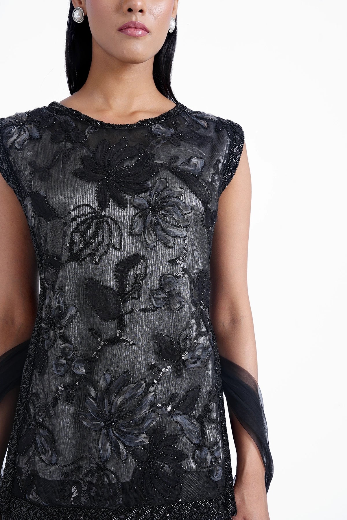 Black and silver straight top with palazzo and choker dupatta set