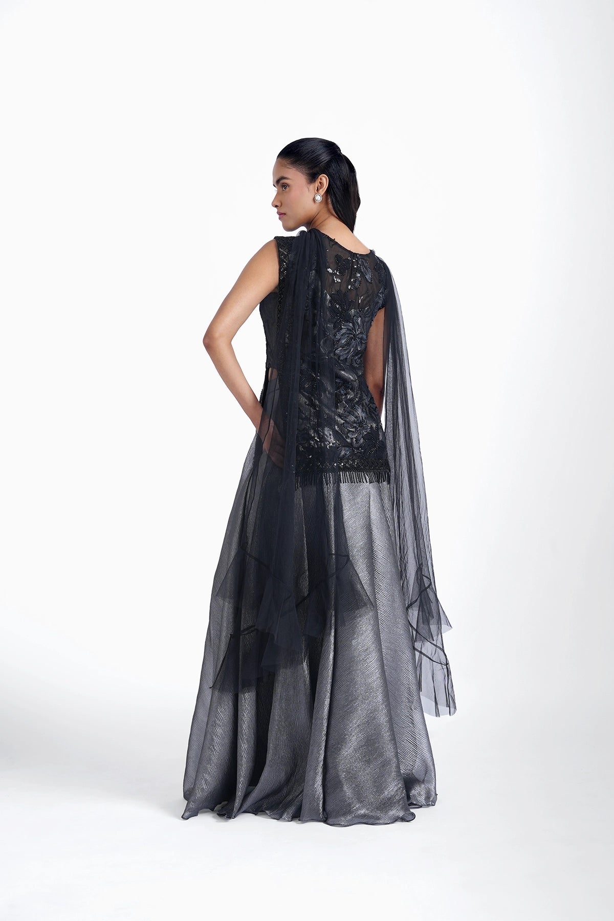 Black and silver straight top with palazzo and choker dupatta set