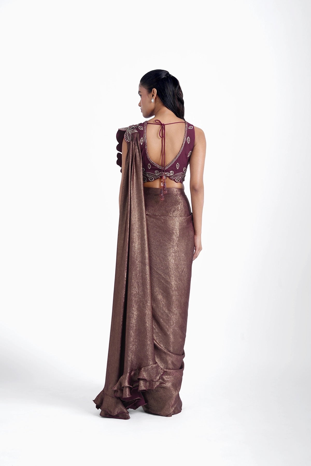 Maroon gold pre-draped saree with fancy pallu and blouse set