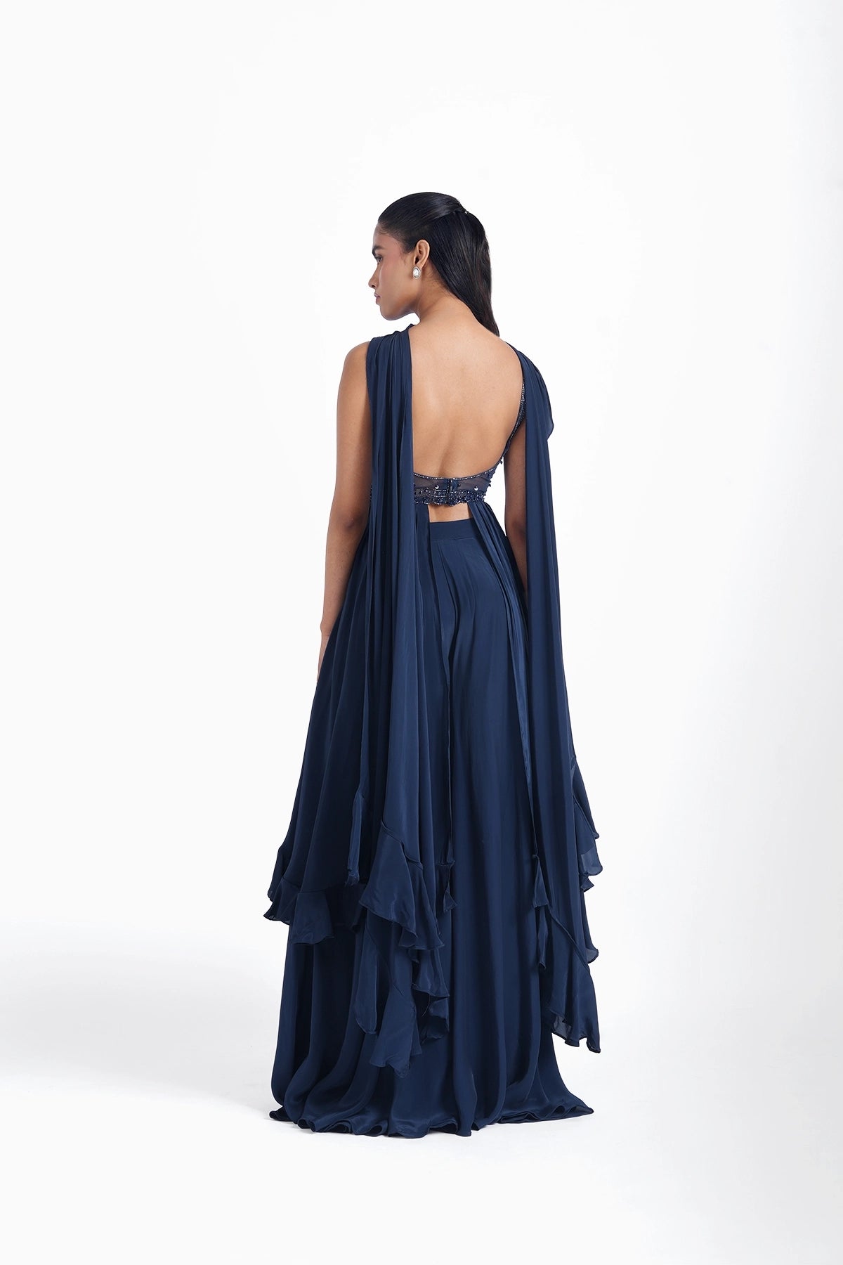 Dark navy blue long top and palazzo with a choker dupatta set