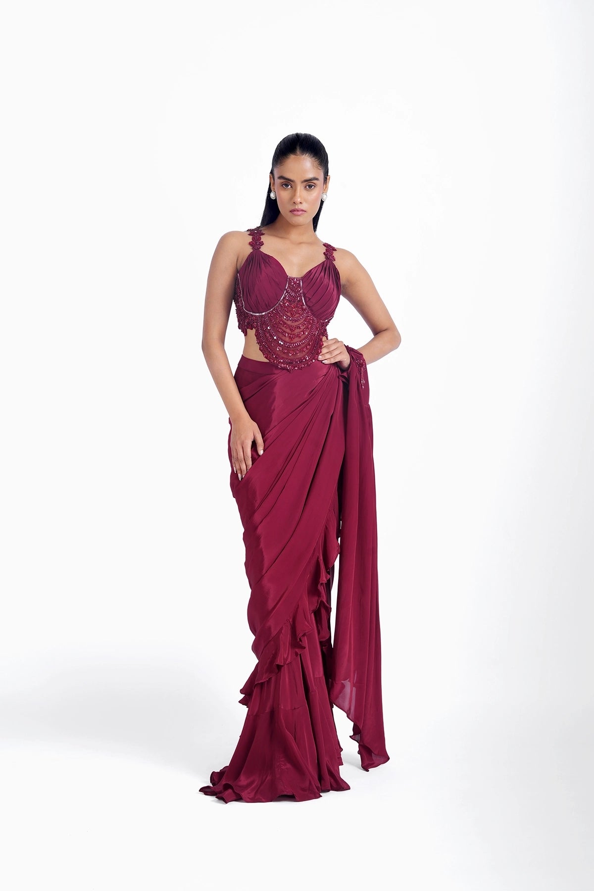 Dark crimson red pre-draped saree with fancy blouse set