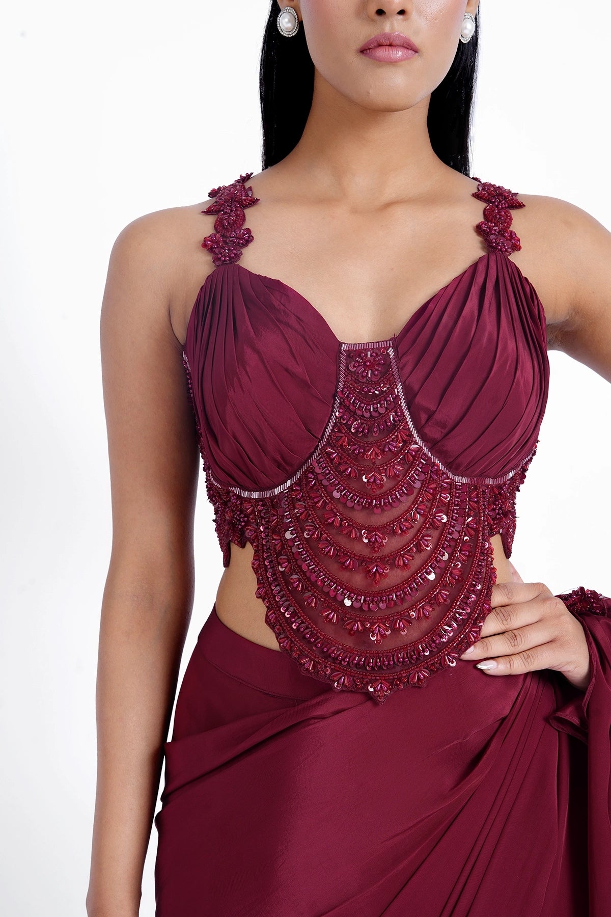 Dark crimson red pre-draped saree with fancy blouse set