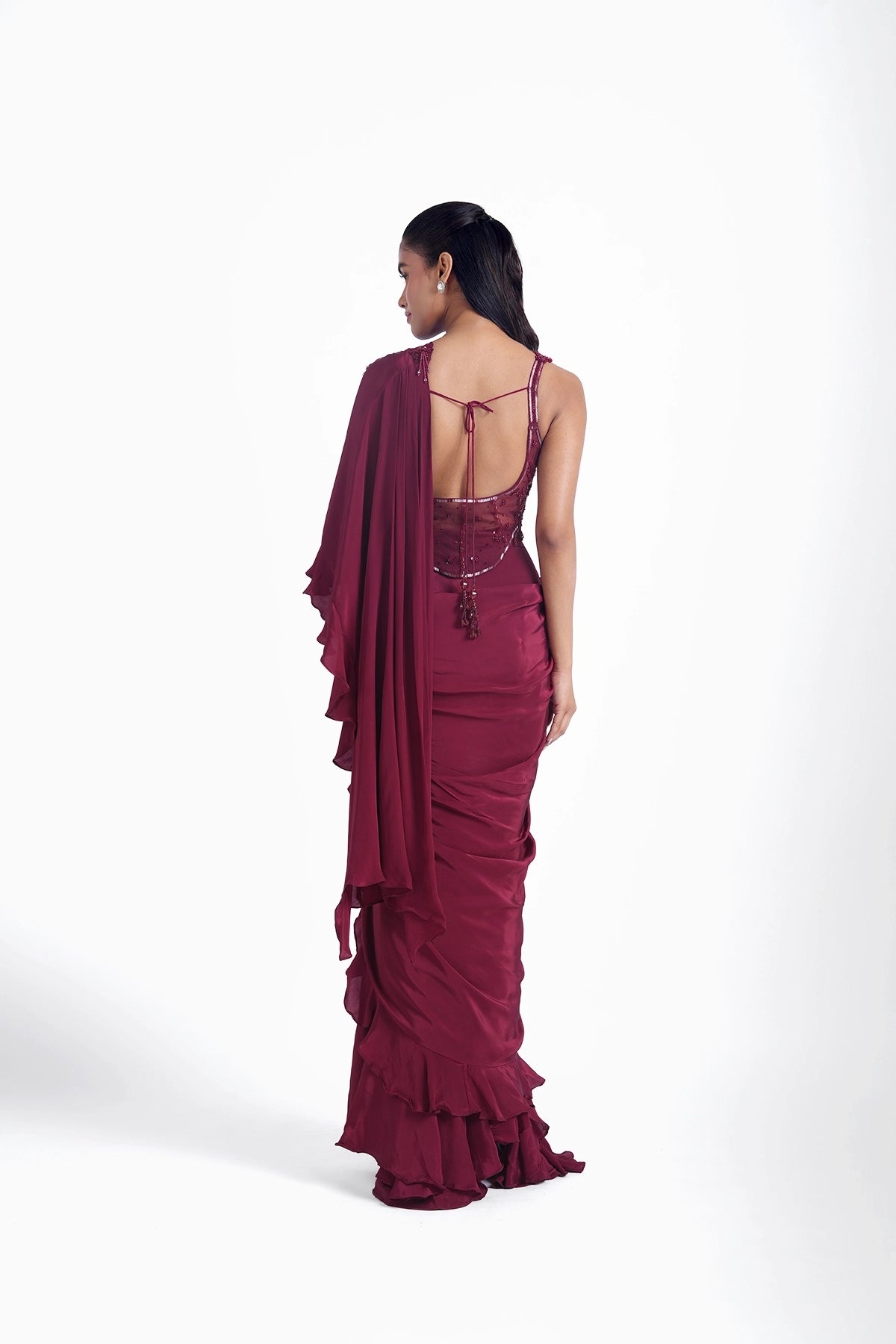 Dark crimson red pre-draped saree with fancy blouse set