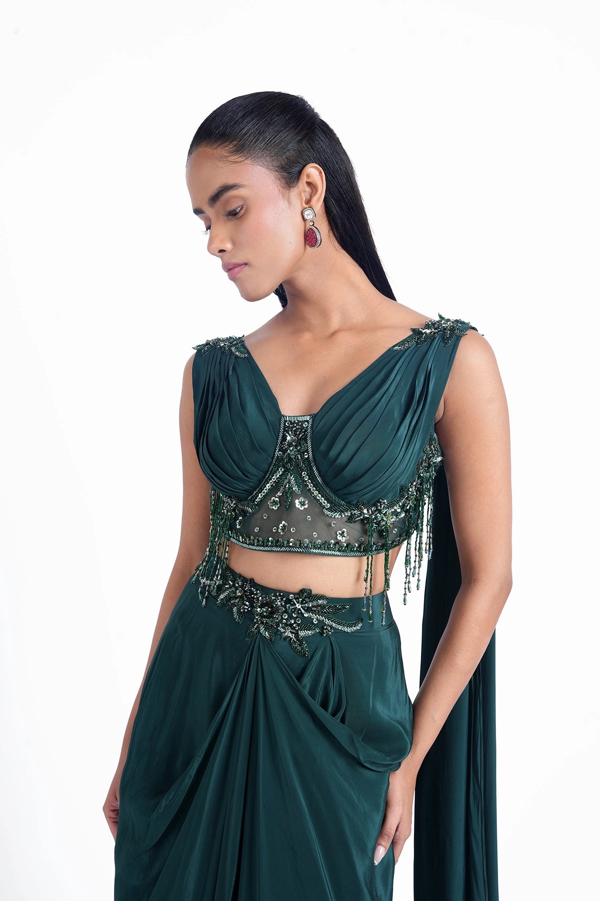 Dark emerald green draped skirt with a fancy blouse set
