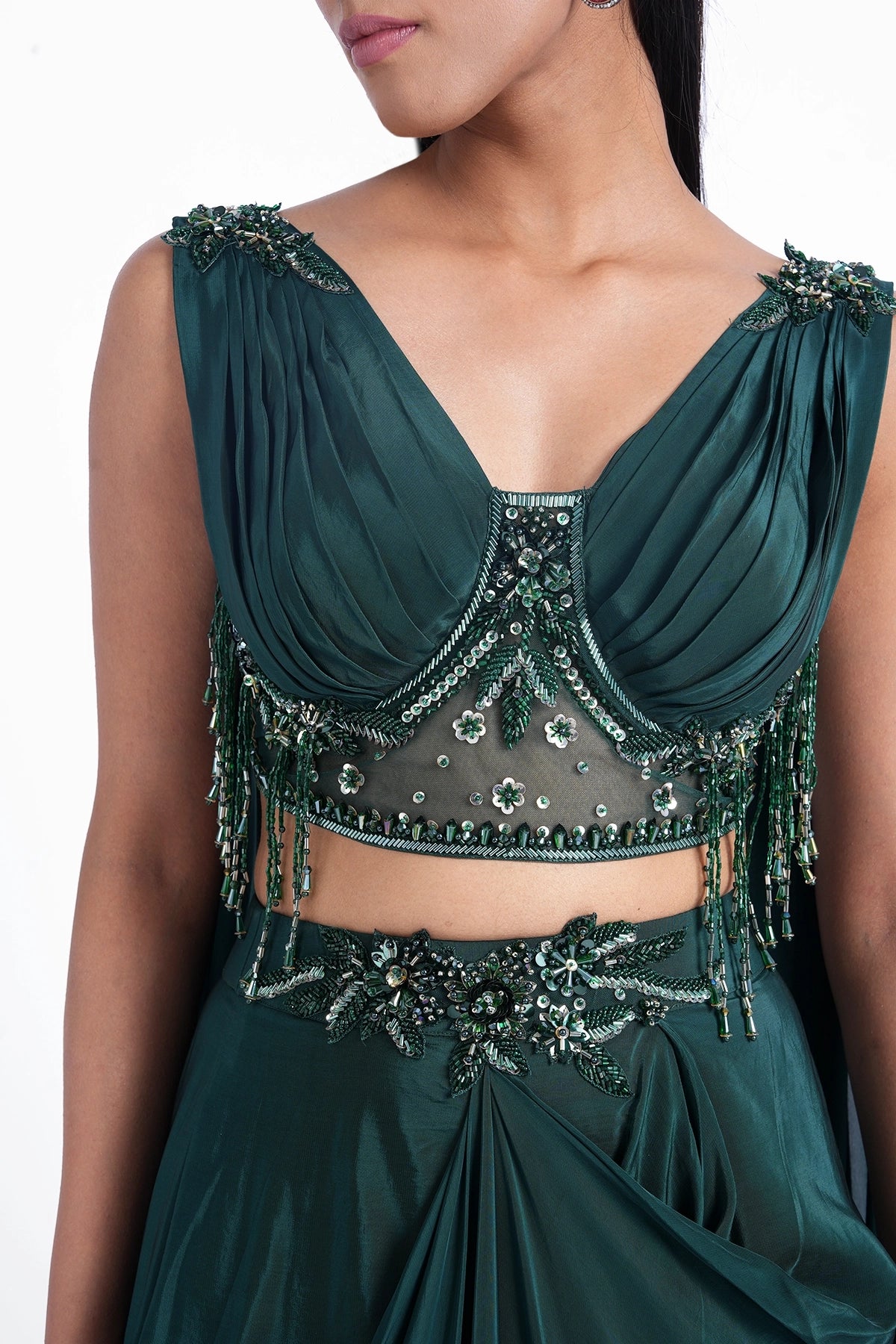 Dark emerald green draped skirt with a fancy blouse set