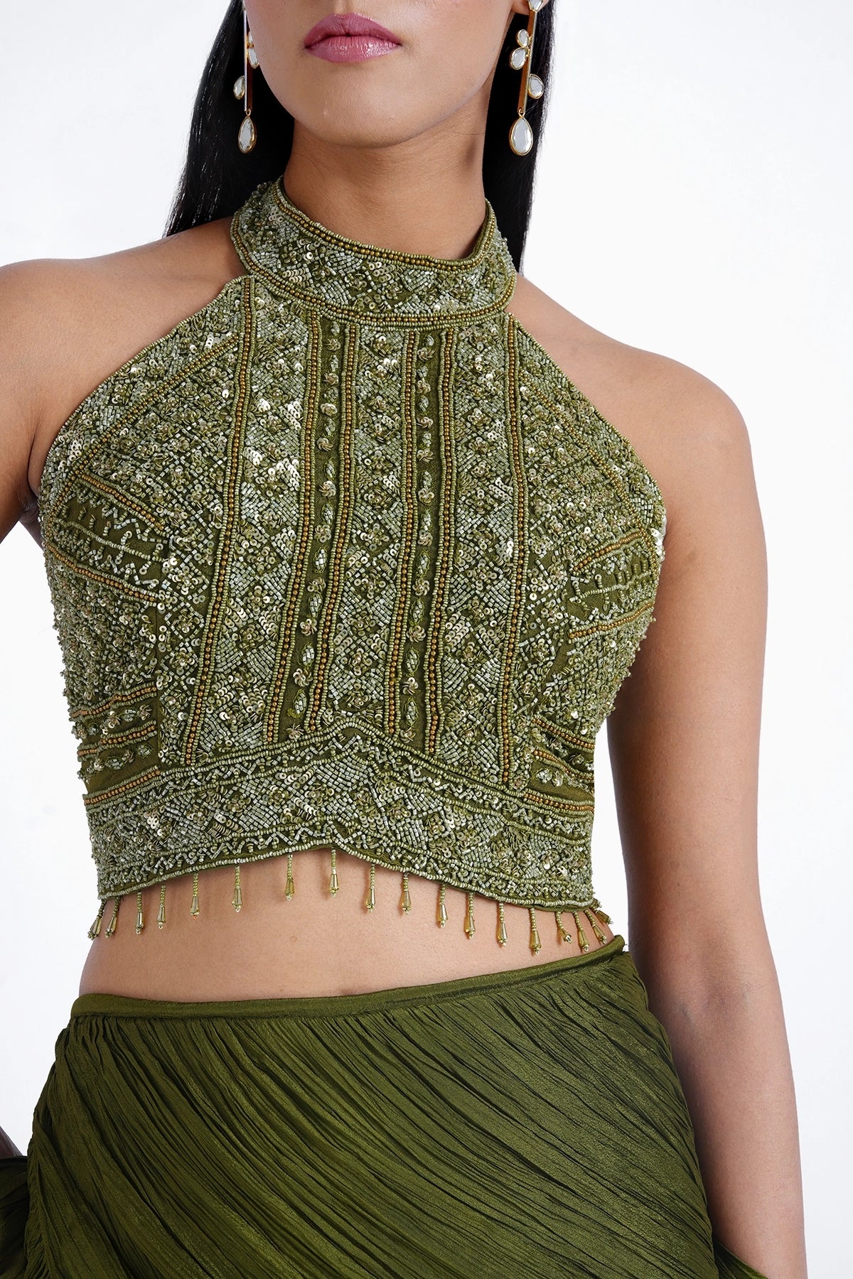 Olive green fishcut skirt and halter neck top set