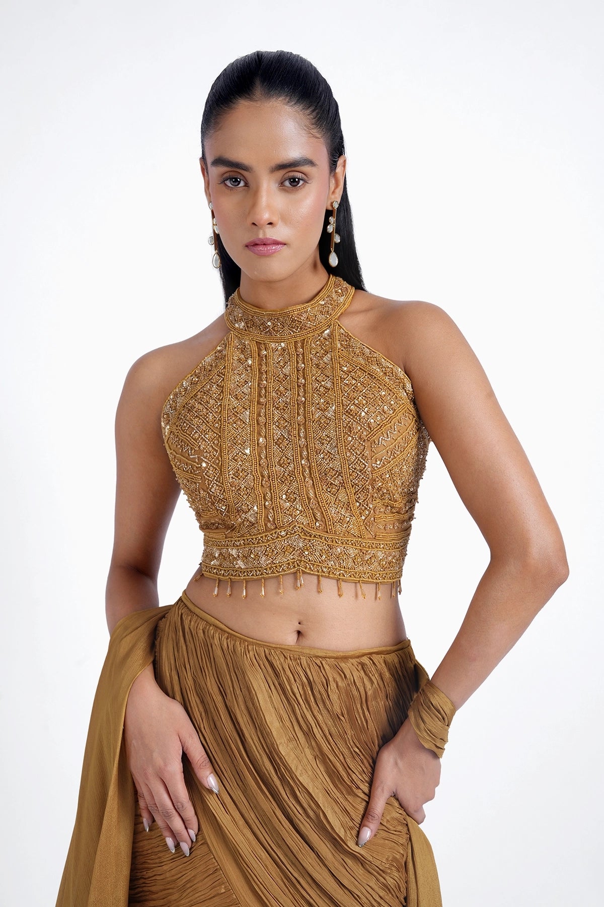 Mustard yellow fishcut skirt and halter neck top set