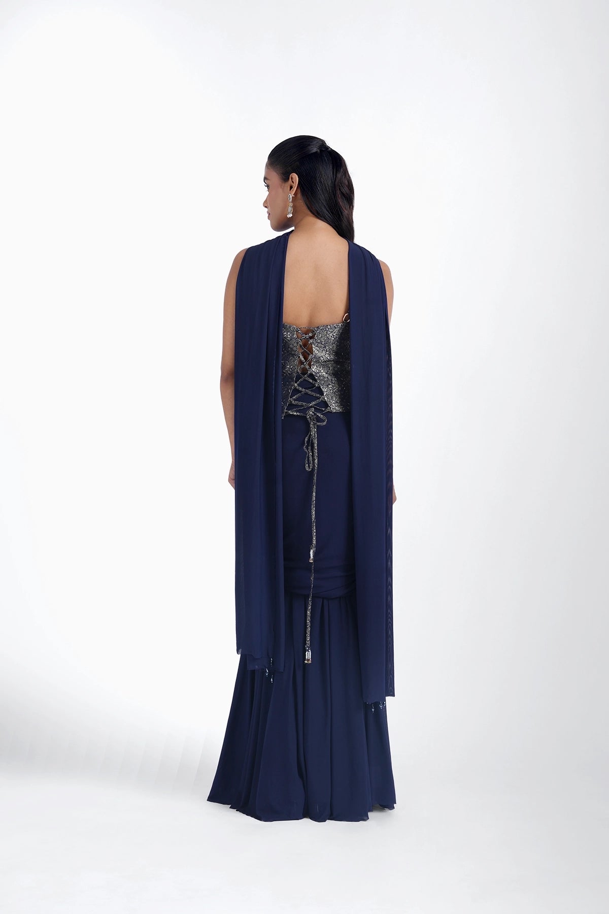 Dark ink blue brocade top and draped skirt in lycra set