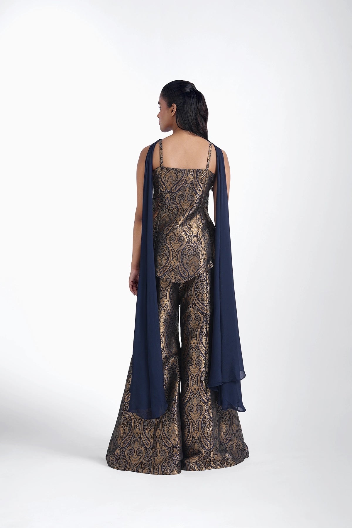 Black and gold peplum top and pant with choker dupatta set