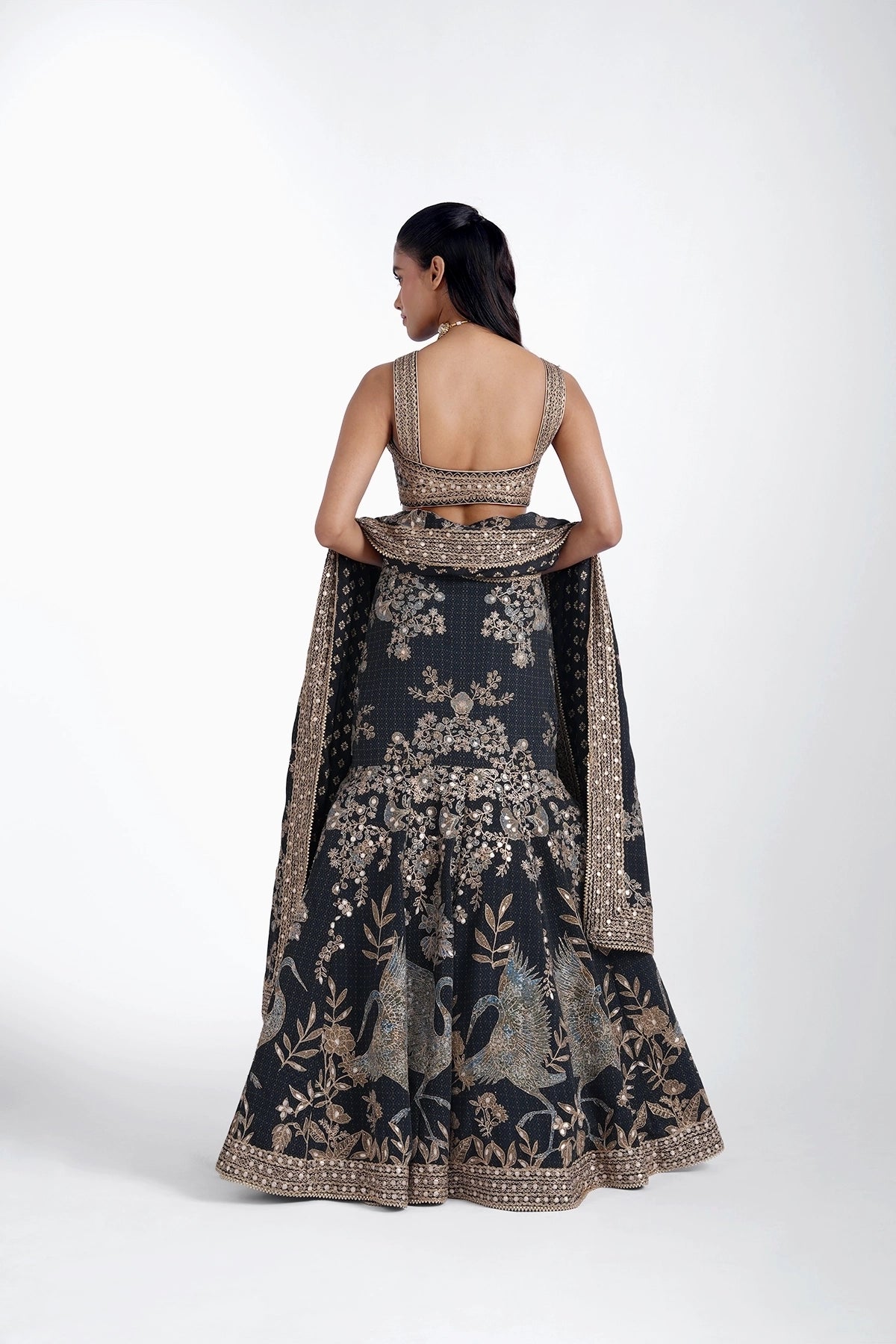Dark blue fishcut printed lehenga with bird motif and gota work set