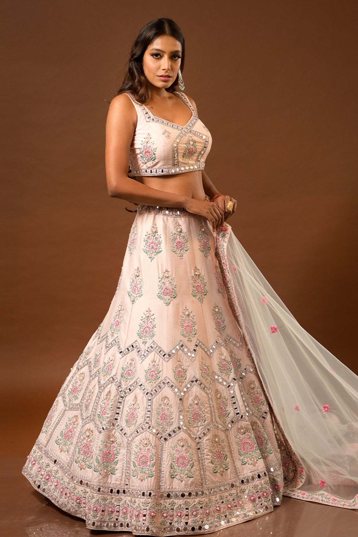panihari Baby Pink Lehenga Set in Raw Silk With Mirror and Thread Work